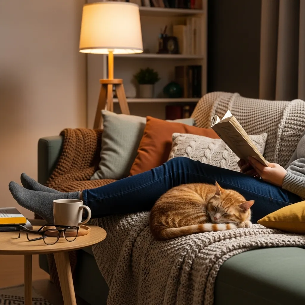 A cat sleeping pressed against its owner's leg, demonstrating deep trust and a strong bond.