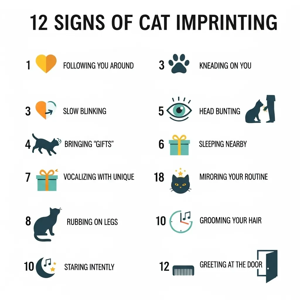  Infographic summarizing the 12 key signs that your cat has imprinted on you.