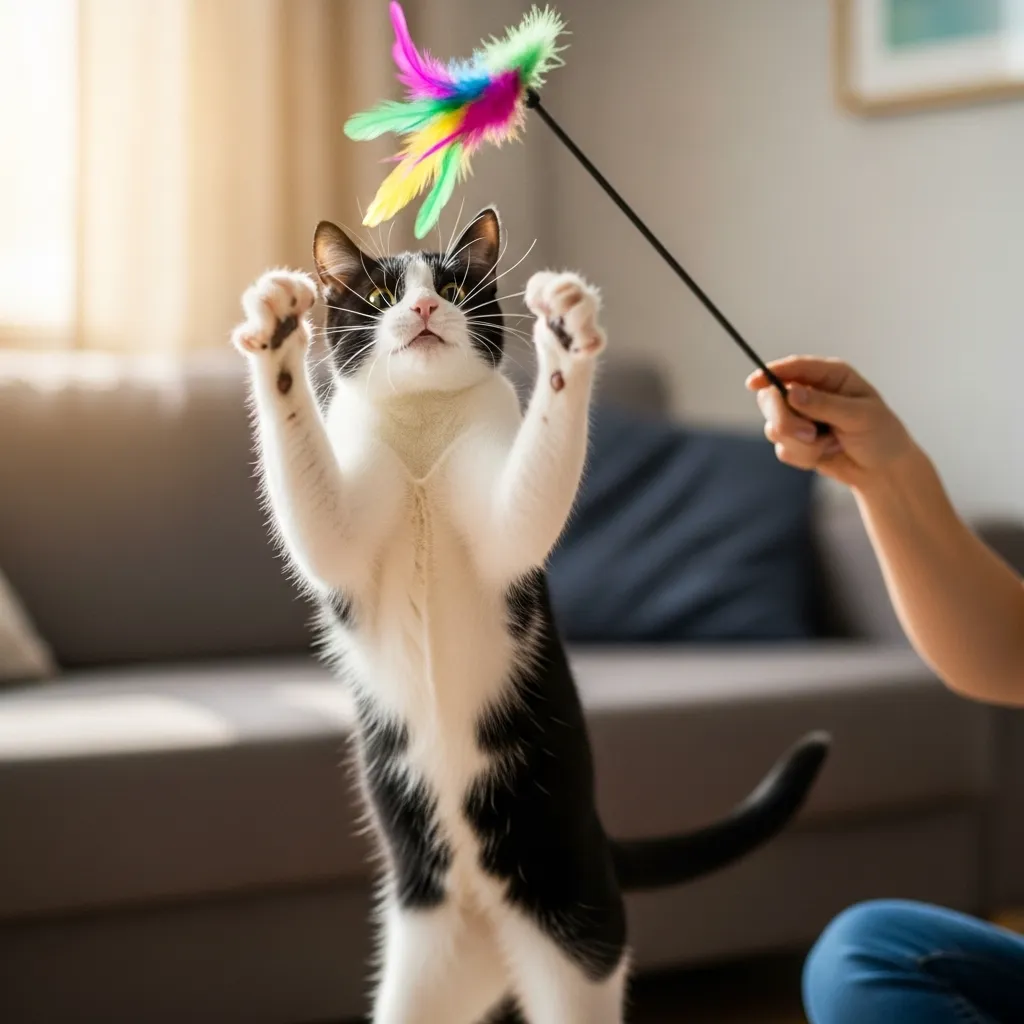 Owner playing with a cat using a wand toy, an important activity for building trust and strengthening the bond.