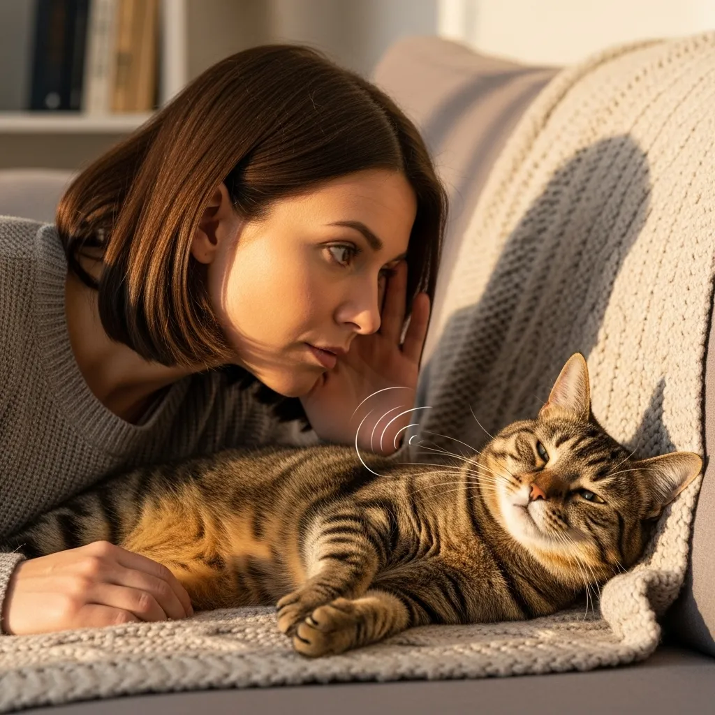 A woman listening closely to her cat's purr to check for congested sounds.