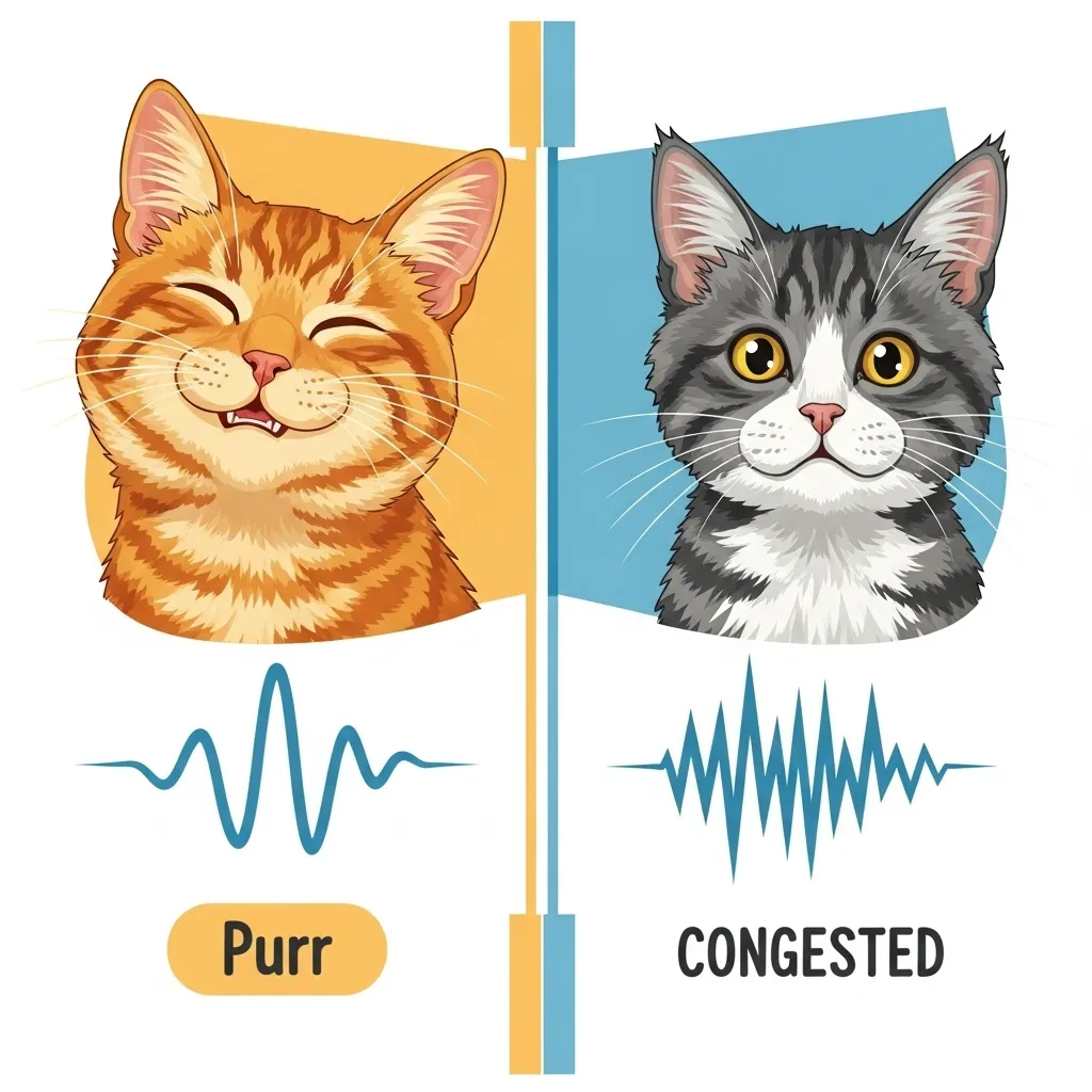  Infographic comparing a healthy cat purr sound to a congested cat purr sound.
