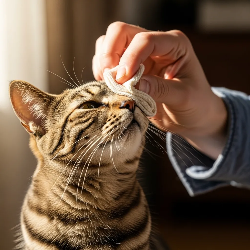 Gently cleaning a congested cat's nose with a soft cloth.