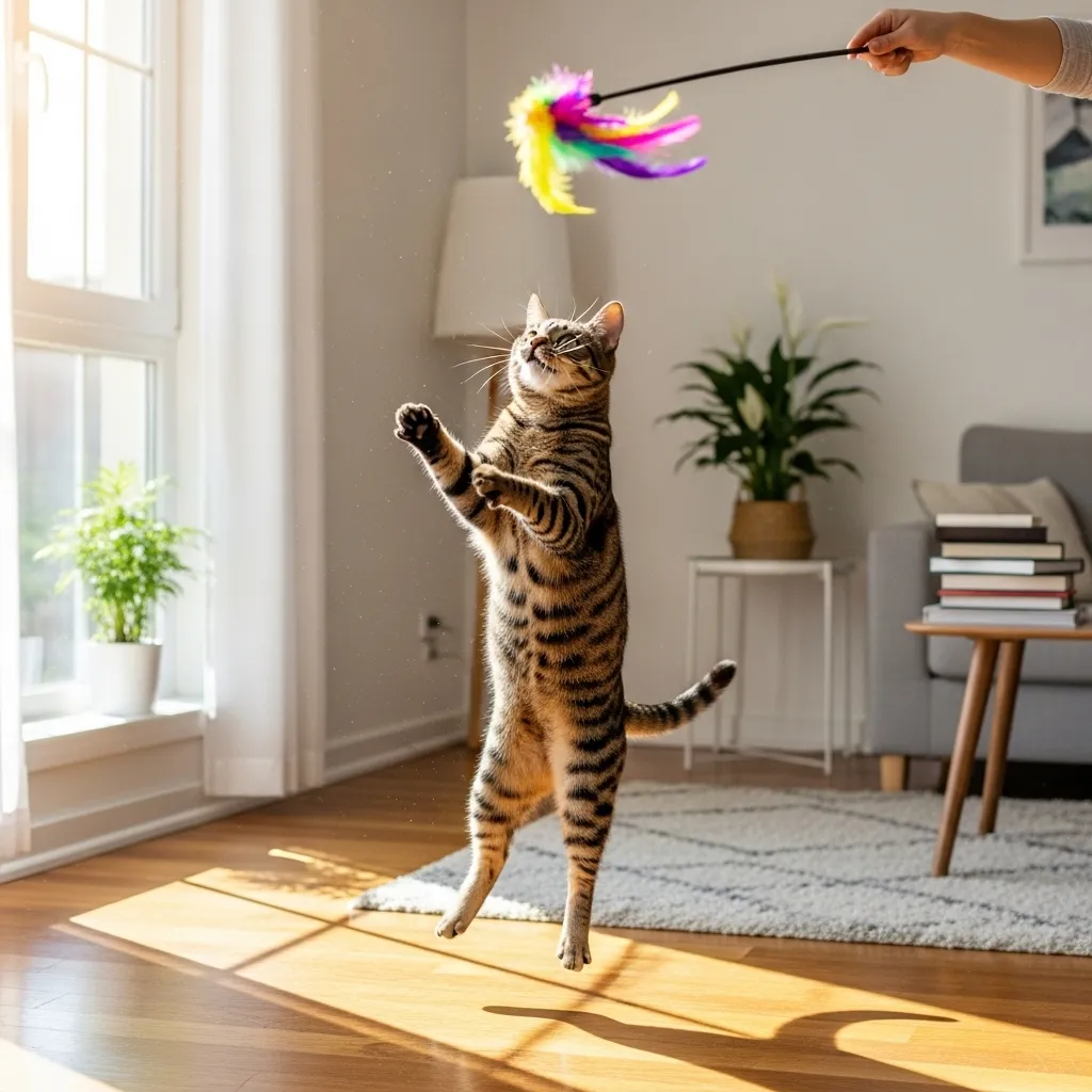 A healthy cat playing indoors in a clean, enriching environment.