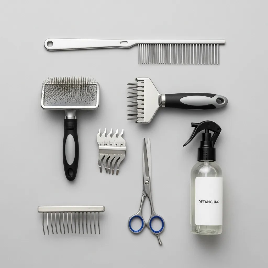 Essential cat grooming tools for long-haired cats including a comb, slicker brush, and undercoat rake laid out flat.