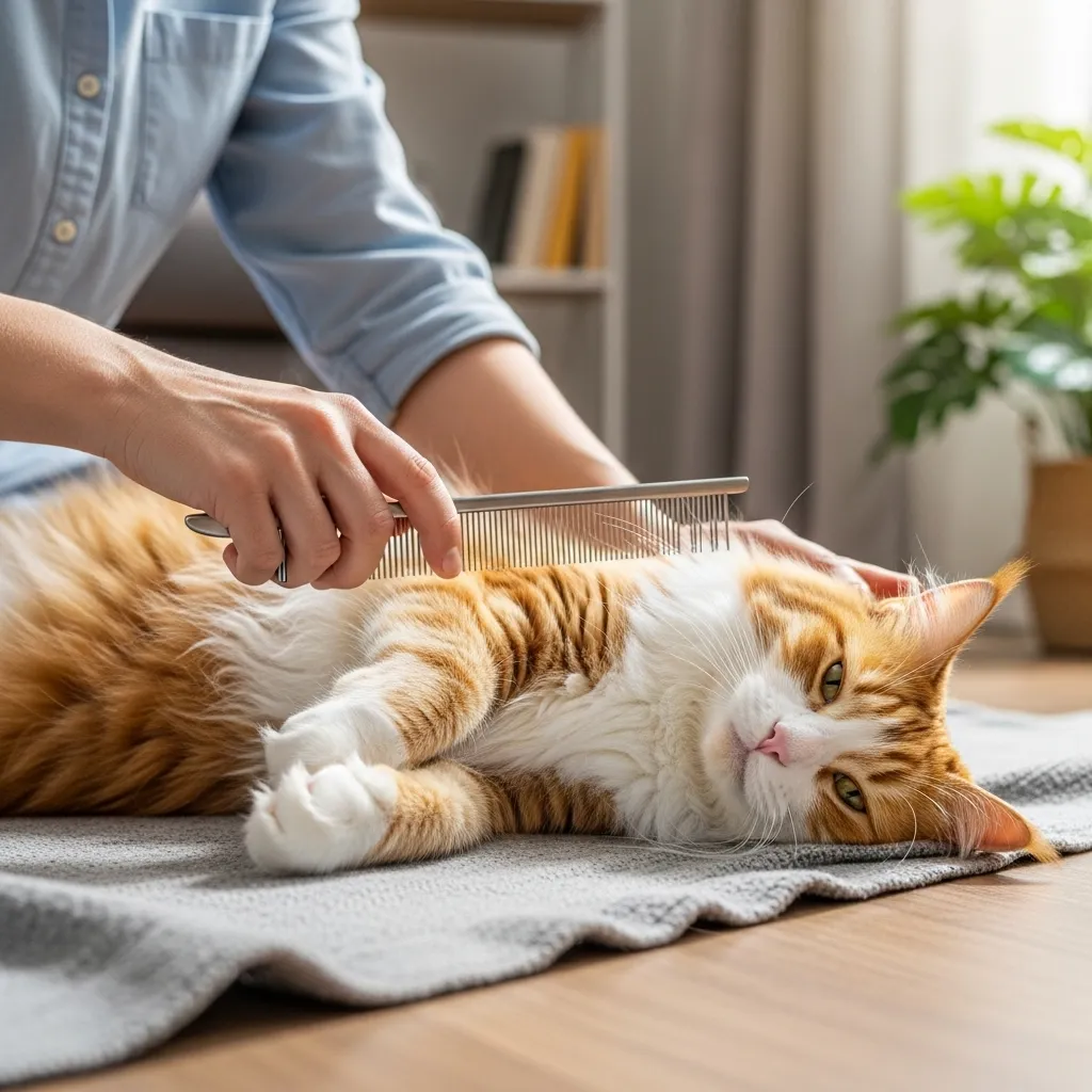  A person gently combing a long-haired cat in the direction of hair growth as part of a regular grooming routine.