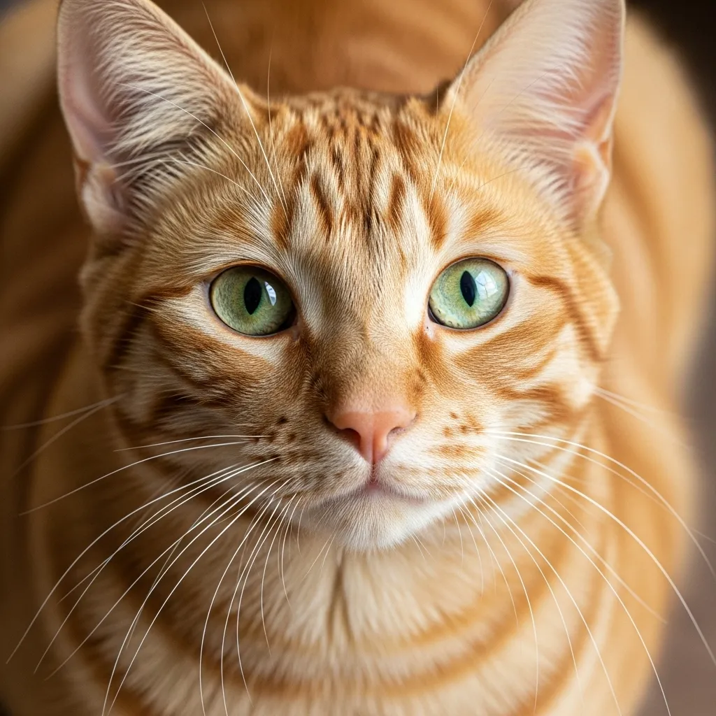 Female orange tabby cat with green eyes looking at the camera.