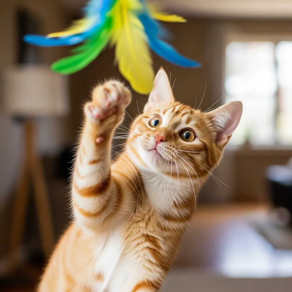 Playful female orange tabby kitten playing with a feather toy.