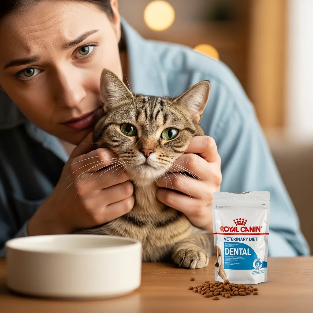 Concerned owner with cat needing a dental health diet.