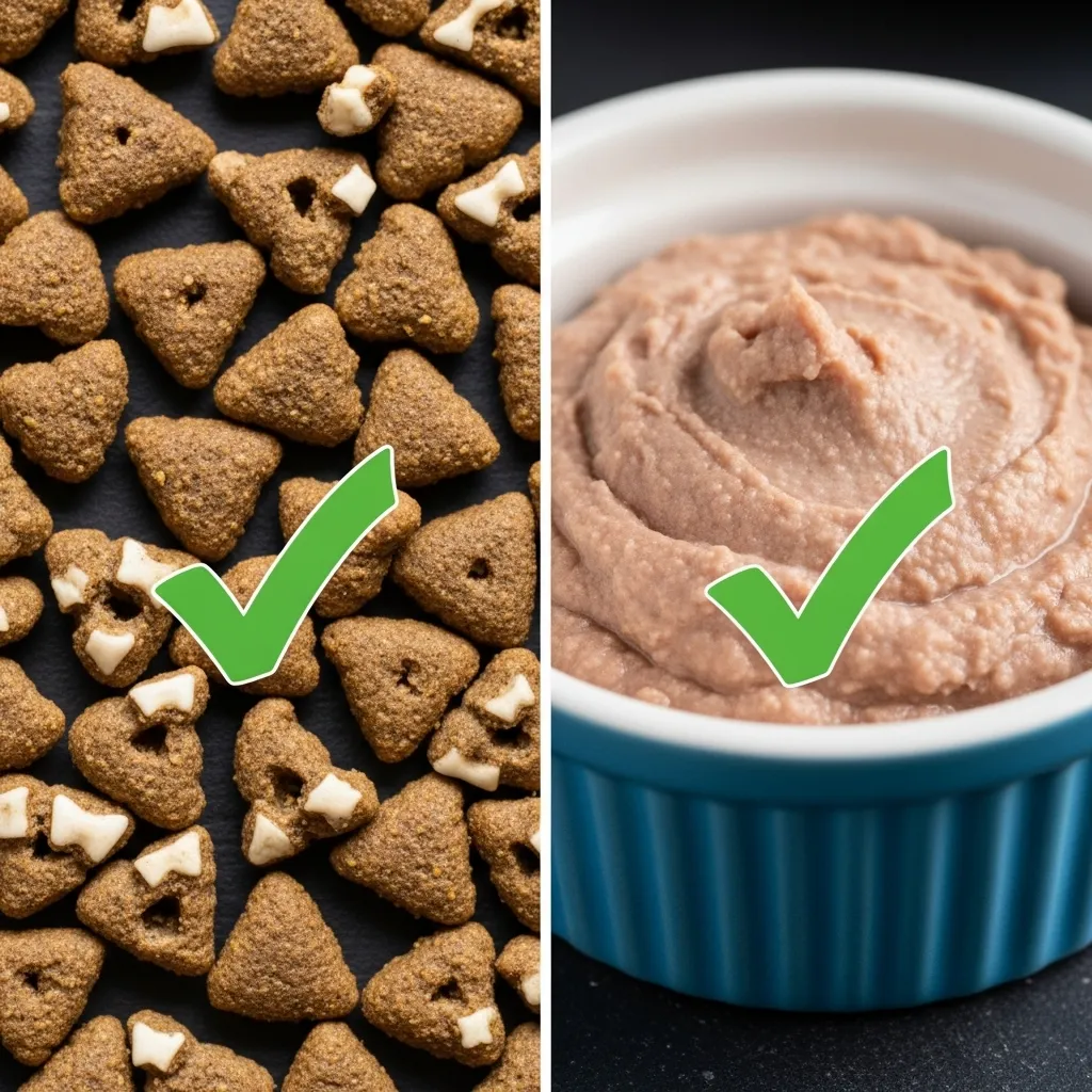 Comparison of dry dental kibble vs soft pate cat food.