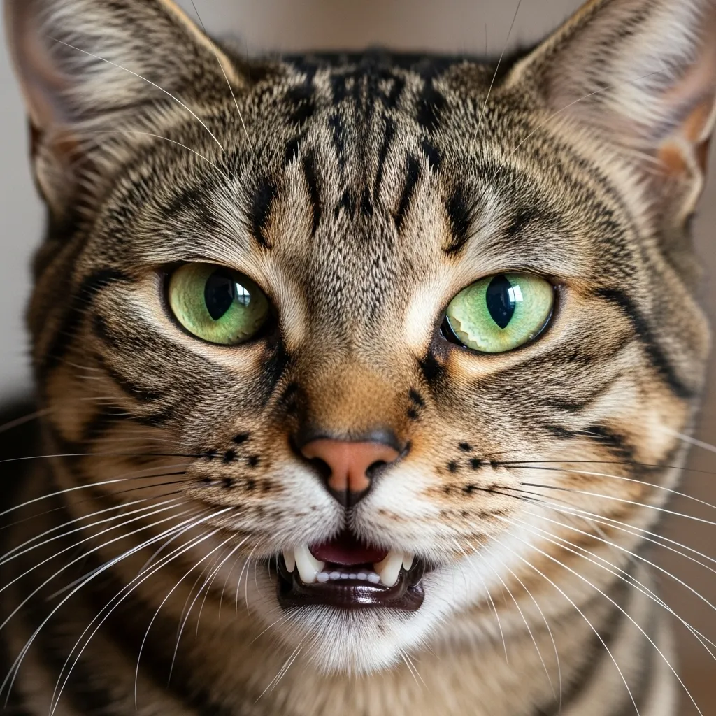 Close-up of a cat's face and sharp teeth, illustrating their biology as obligate carnivores.