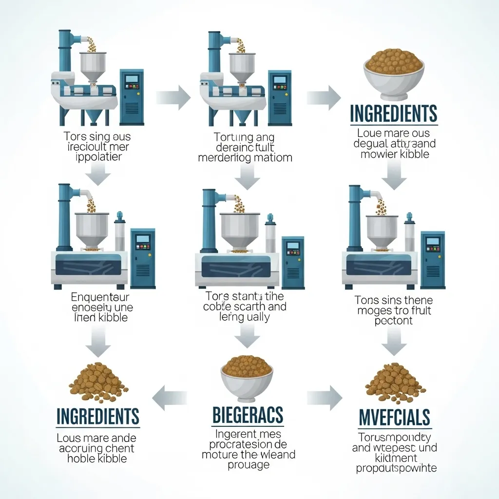Diagram illustrating the industrial extrusion process for manufacturing dry cat food.