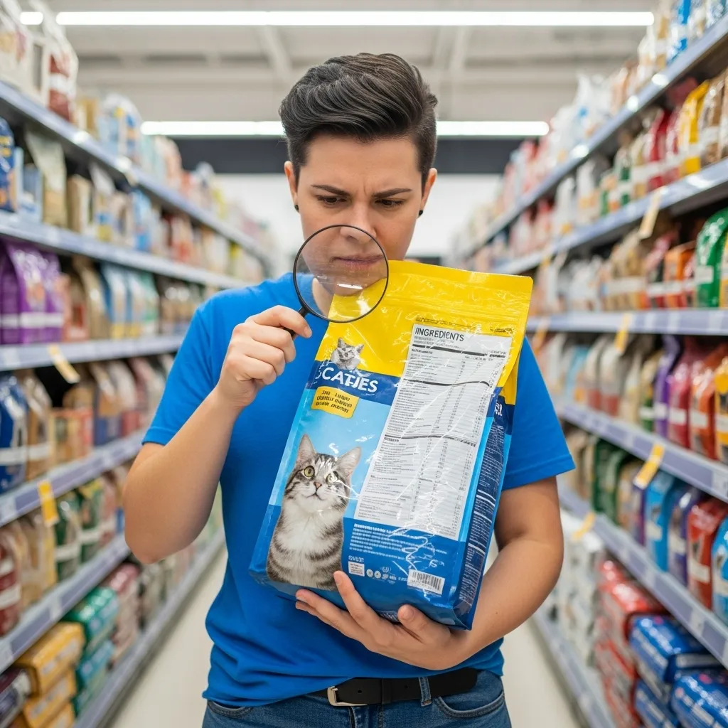 A person holding a bag of cat food, closely examining the ingredient label on the back with a magnifying glass. The background is a soft-focus pet food aisle.