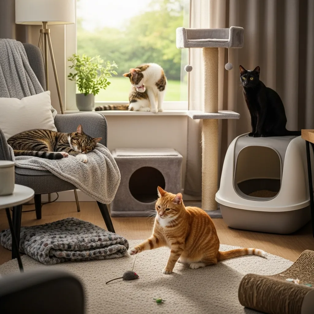  Multiple cats in a household, illustrating the importance of litter box hygiene for FIP prevention.