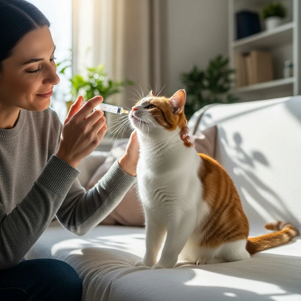 Owner administering oral medication to a cat during FIP treatment, symbolizing hope and care.
