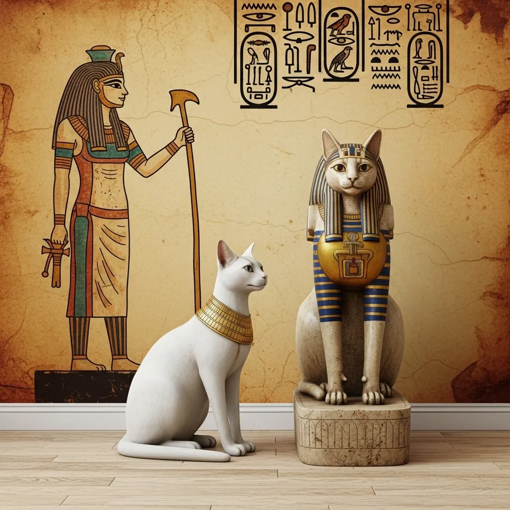 White cat in ancient Egyptian mythology as Bastet’s sacred guardian