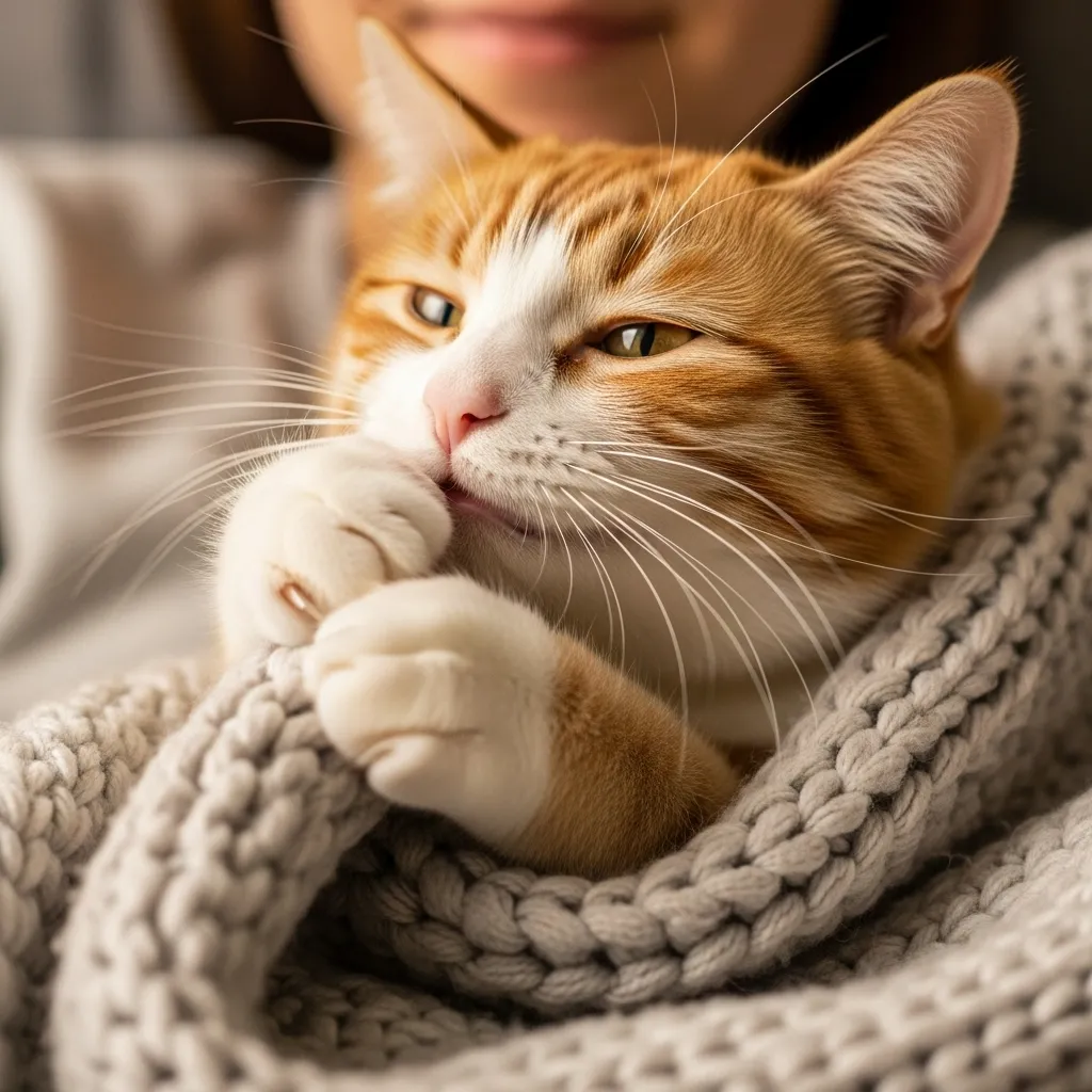 Cat showing affection at night by kneading and purring on owner