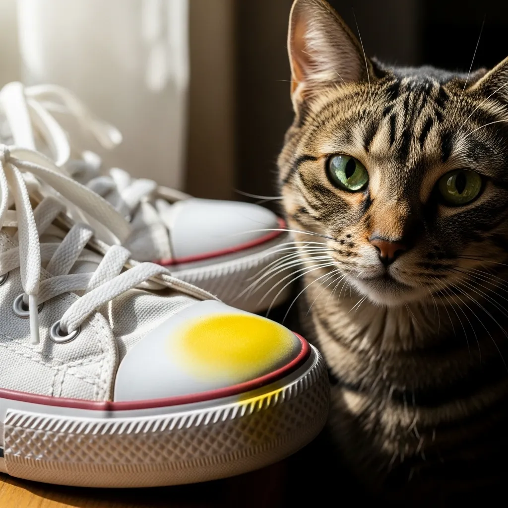 Cat peed on white sneakers – visible urine stain before cleaning