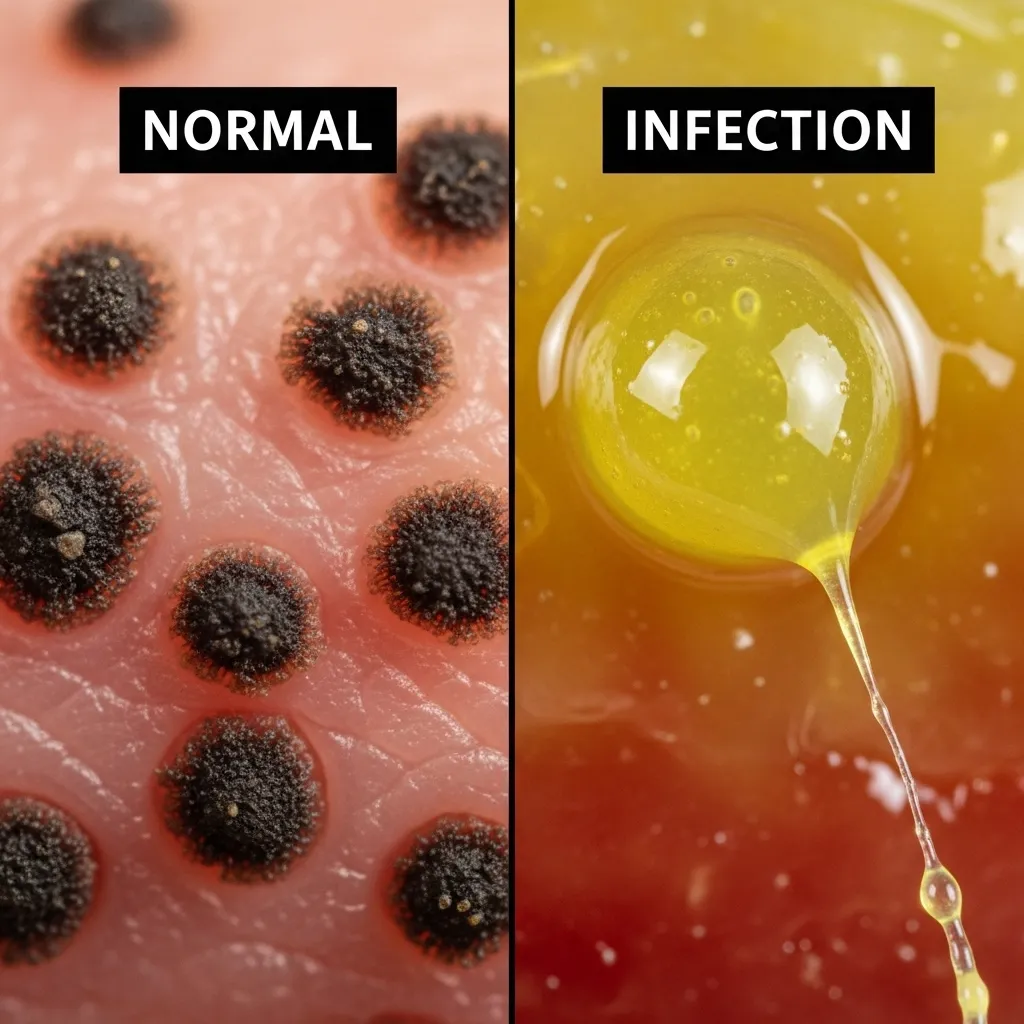 Normal vs abnormal cat eye discharge comparison – dry dark crust vs yellow pus