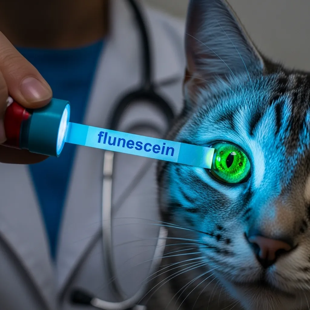 Vet checking cat eye infection with fluorescein dye test