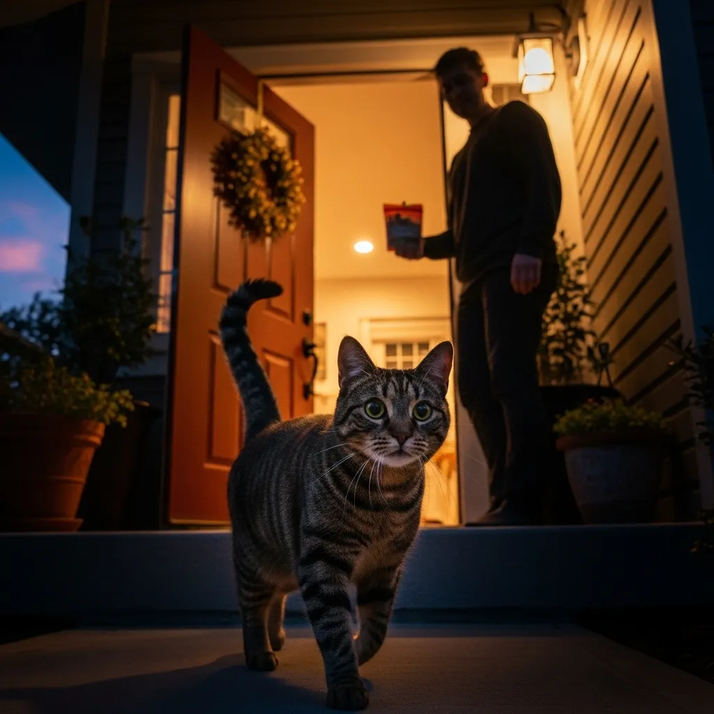 Cat returning home at night to owner with treat reward