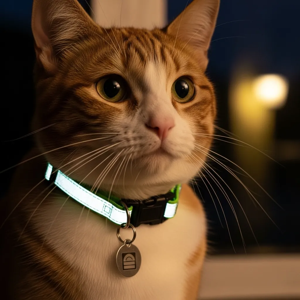 Cat with reflective collar and ID tag for nighttime safety