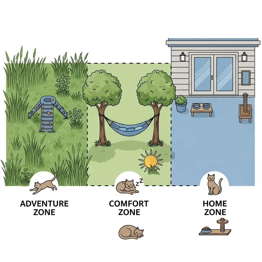 Cat-friendly garden layout with three zones for safe outdoor exploration