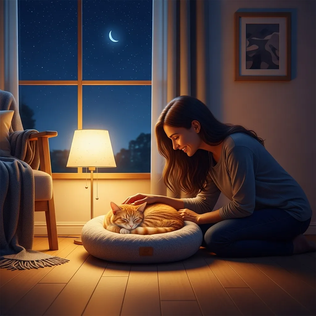 Cat safely home at night, sleeping peacefully after recall training