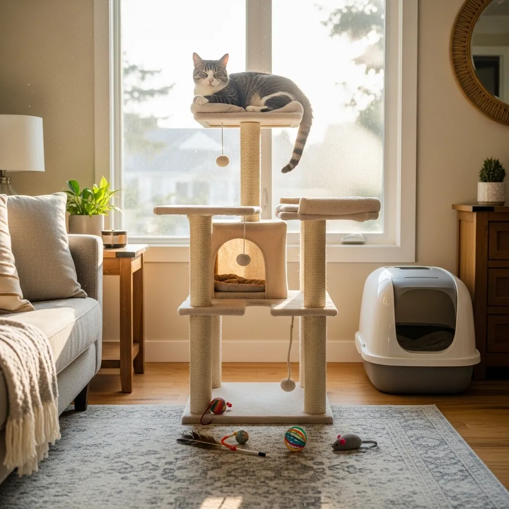 Happy tabby cat in enriched cat-friendly home with vertical space and toys