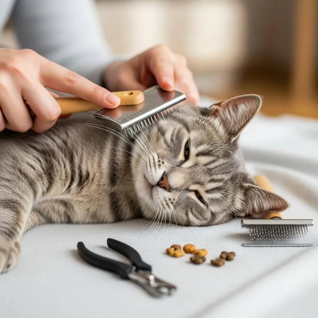 Cat owner brushing relaxed cat during weekly grooming routine