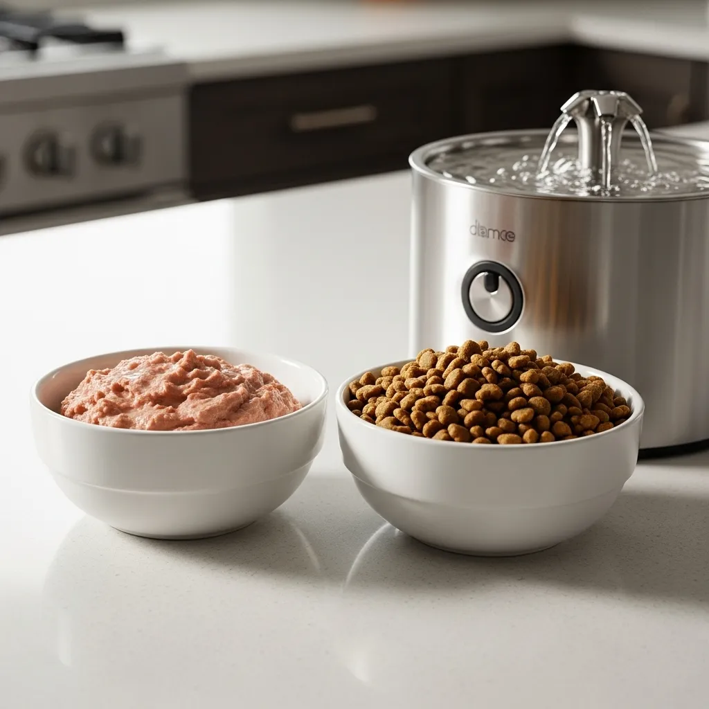Wet and dry cat food options with water fountain for optimal cat nutrition