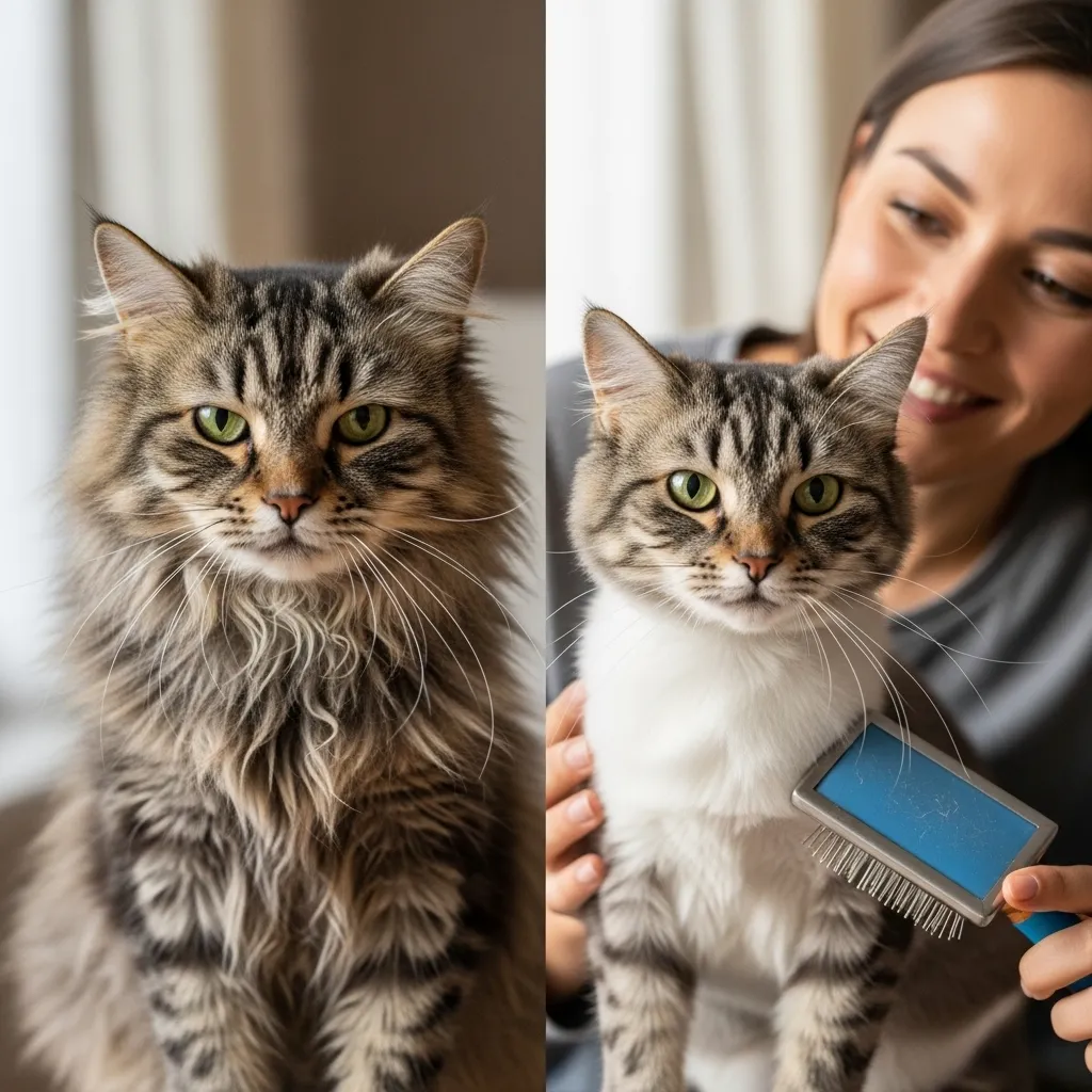 Before and after cat grooming showing fur maintenance results
