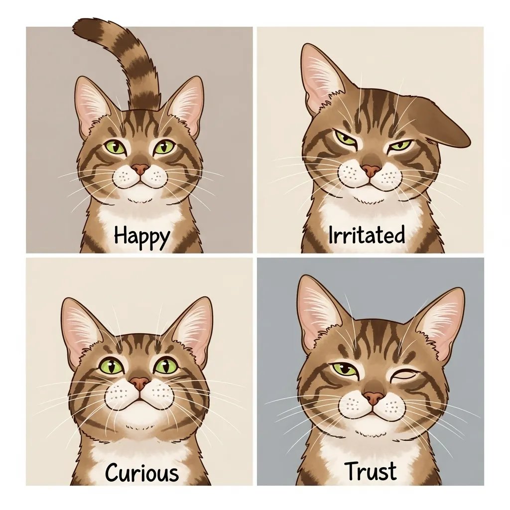 Cat body language guide showing tail, ears, whiskers, and blink signals