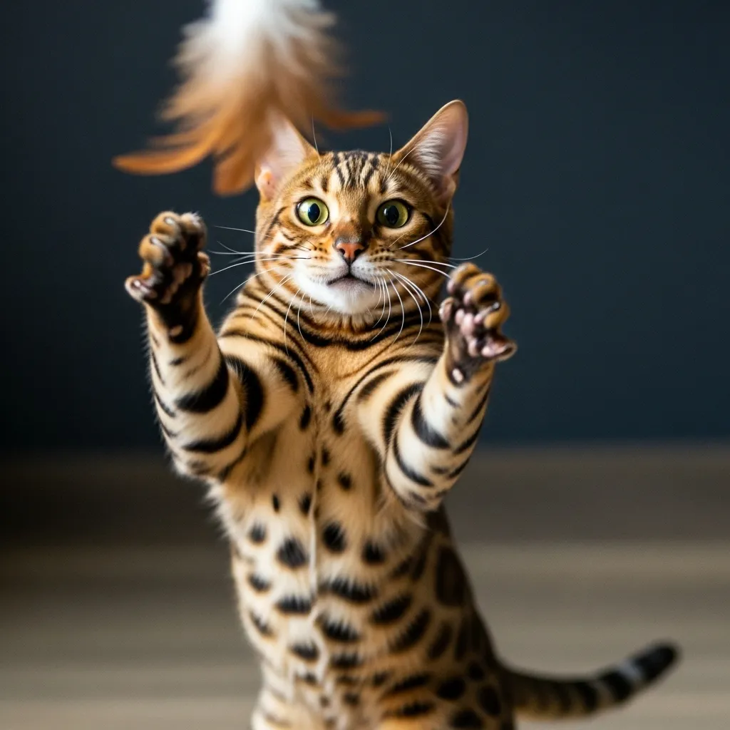 Cat playing with interactive feather wand toy during playtime
