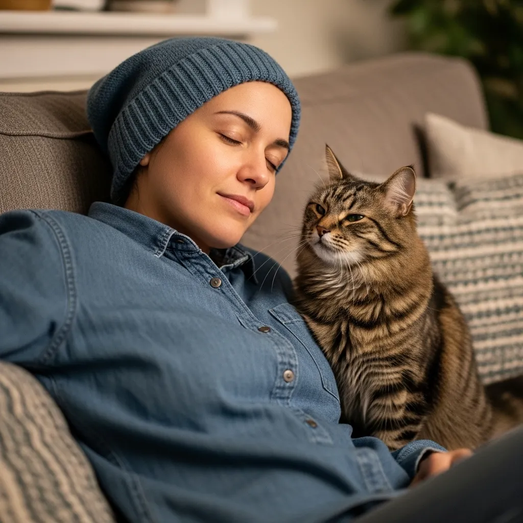 Cat and owner sharing slow blink to build trust and cat happiness