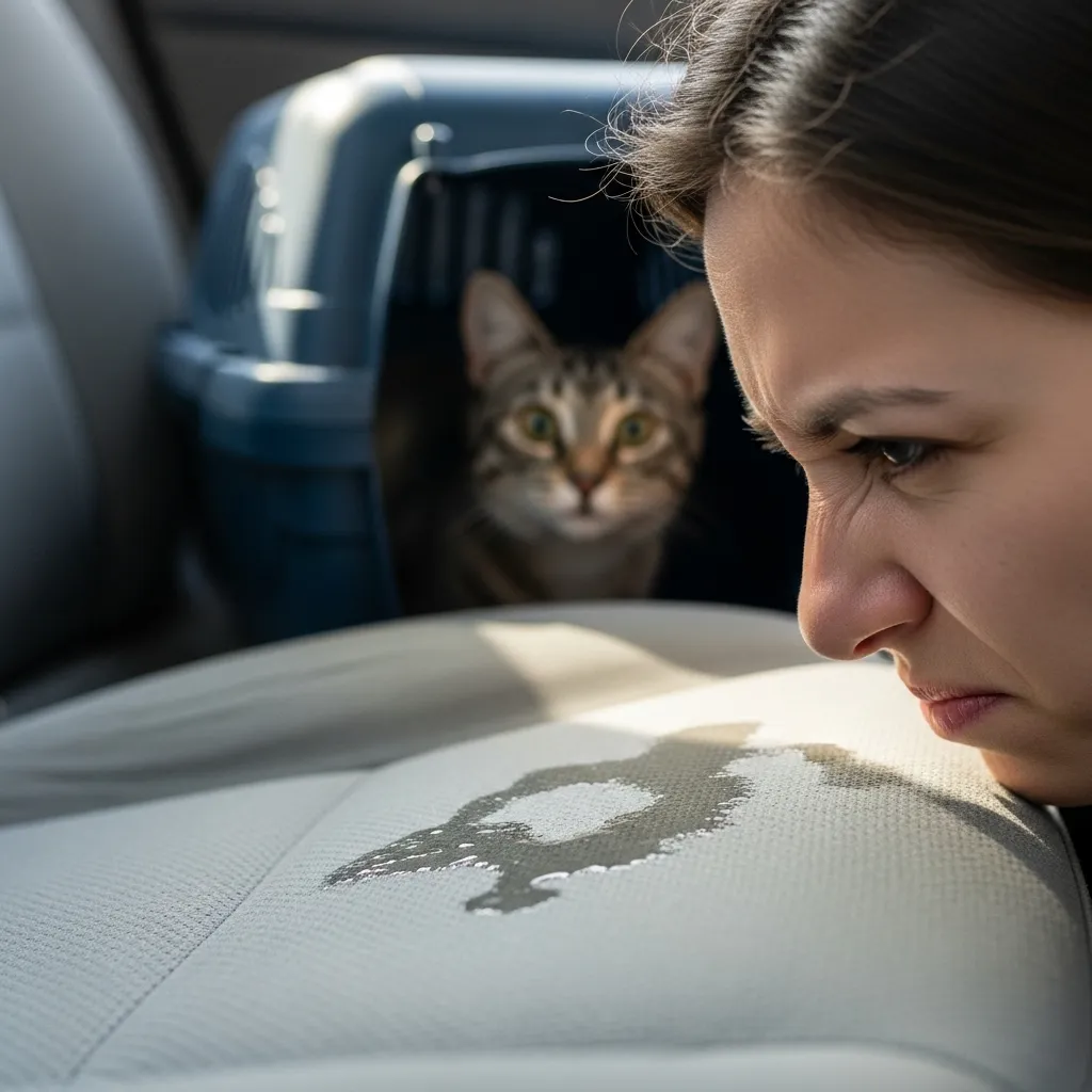 Cat owner discovering cat pee in car seat during travel