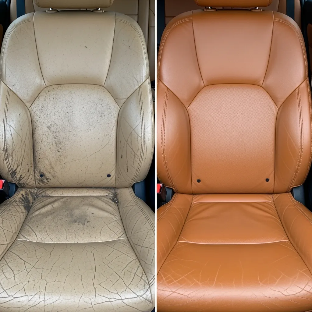 Before and after leather car seat cat urine cleaning results