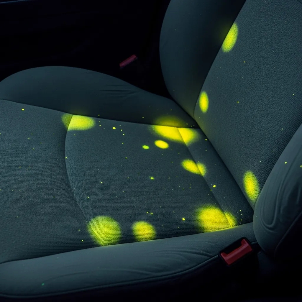 Using black light to detect hidden cat pee stains in car seat