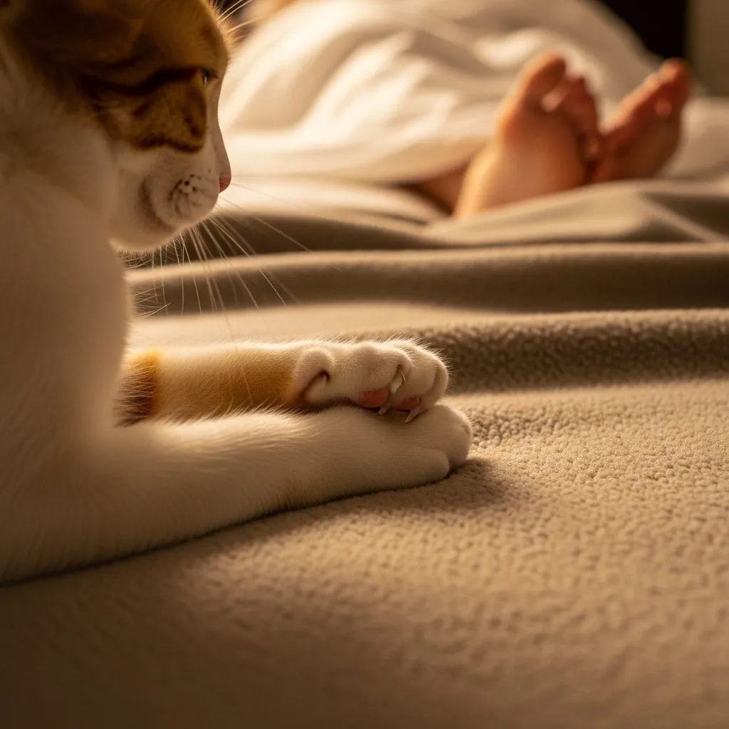 Cat paws kneading blanket at foot of bed for warmth and comfort