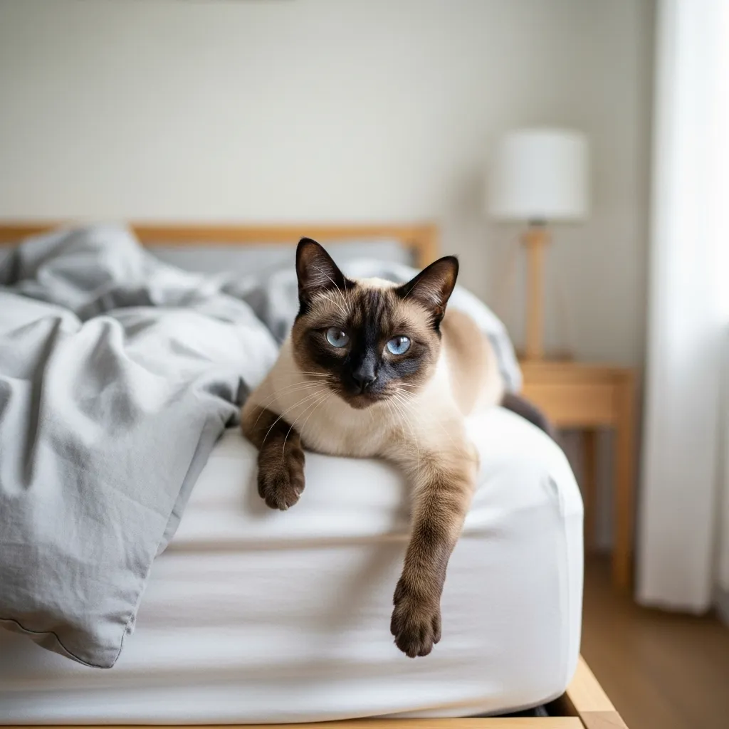 Siamese cat maintaining personal space while sleeping at foot of bed