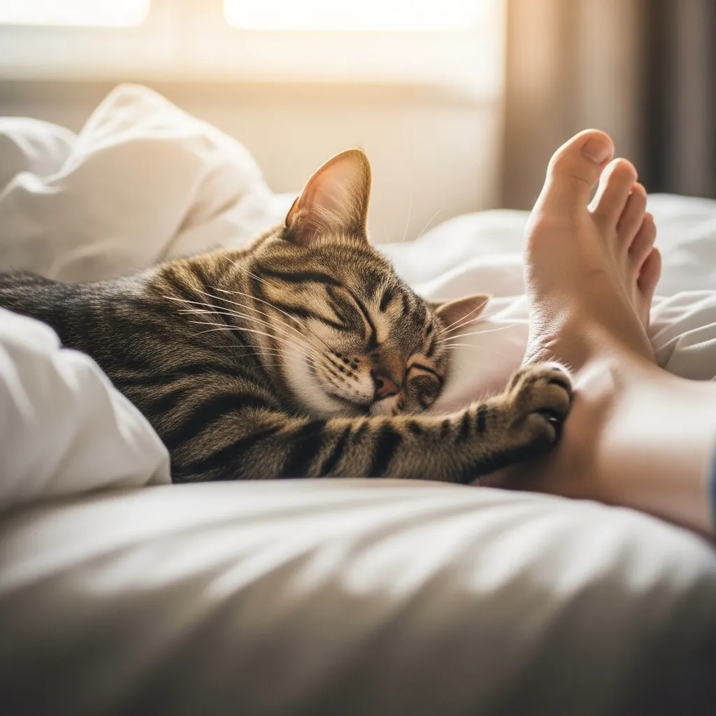 Cat bonding with owner by touching foot while sleeping at bed’s end