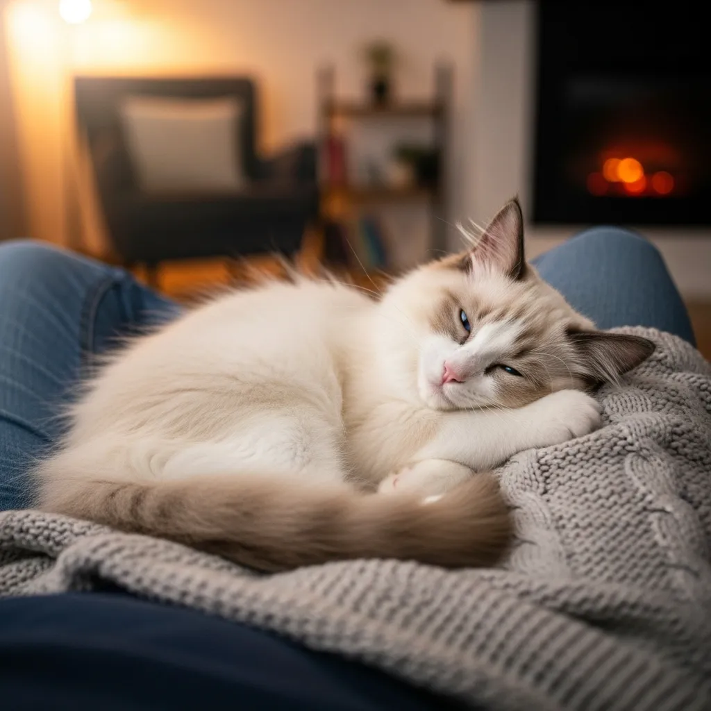Ragdoll kitten sleeping peacefully on owner’s lap – perfect lap cat behavior