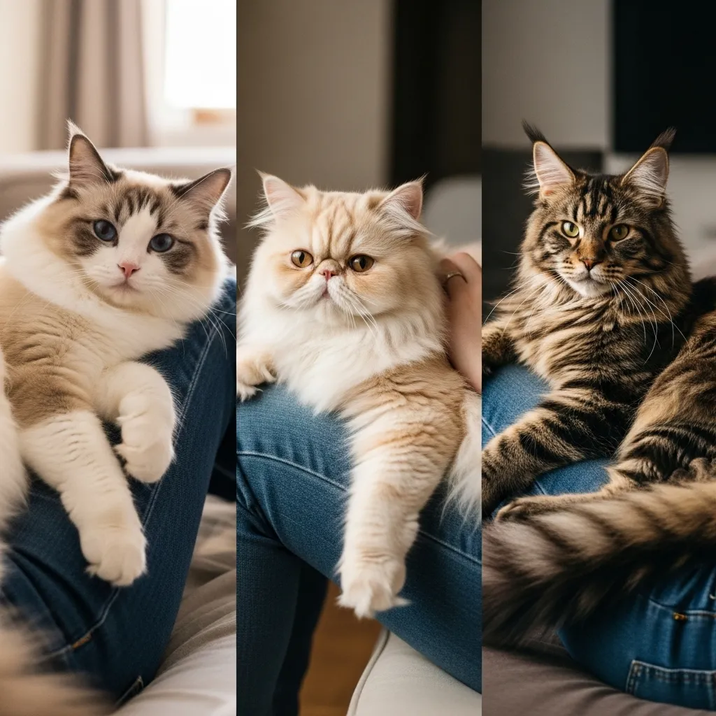 Best lap cat breeds: Ragdoll, Persian, Maine Coon cuddling on owners