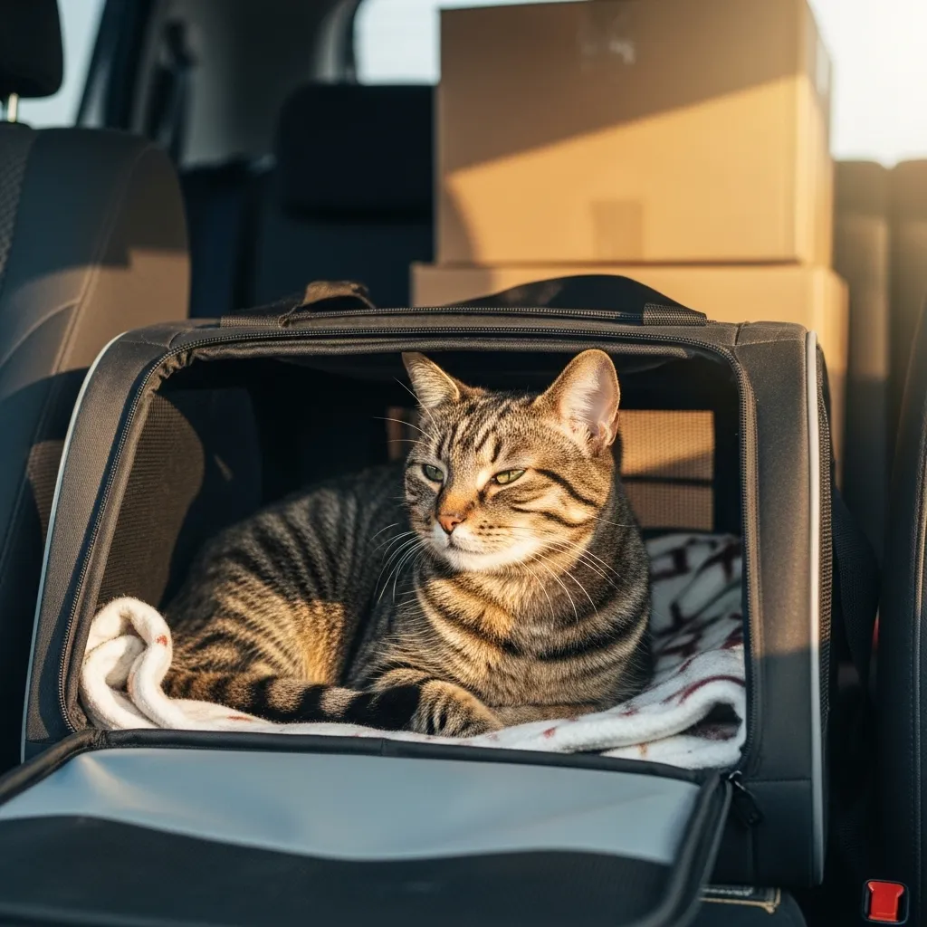 Cat calmly sitting in carrier during cross-country move preparation