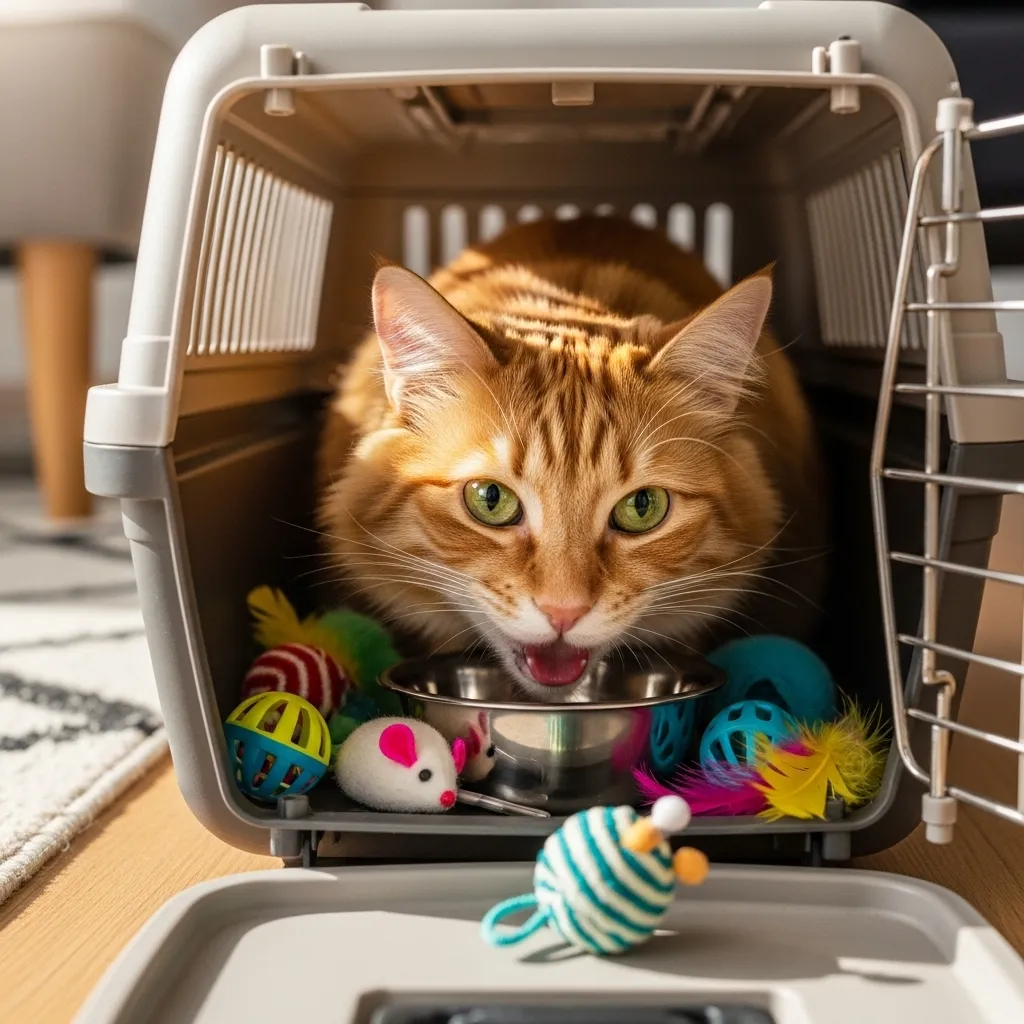 Cat eating inside open carrier during stress-free training