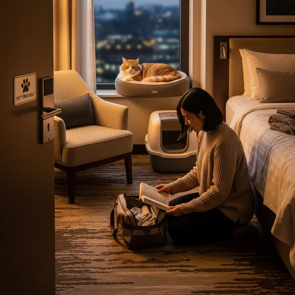 Cat relaxing in cat-friendly hotel room during cross-country move
