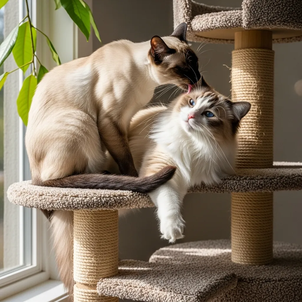 Cats showing affiliative behavior through mutual grooming – sign of strong cat companionship