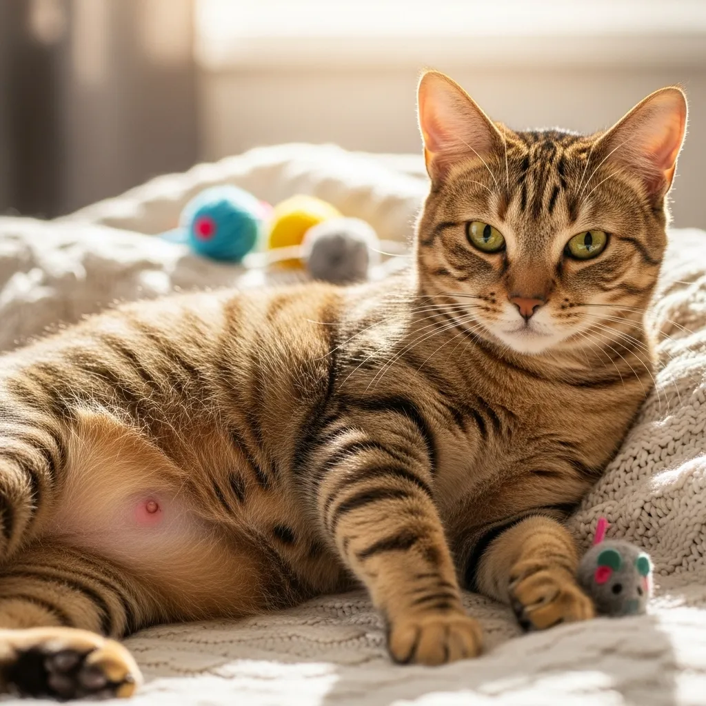 Pregnant cat showing early cat pregnancy signs with pink nipples and rounded belly