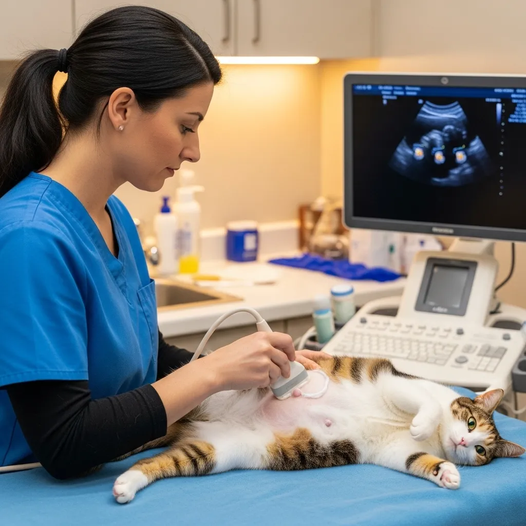 Veterinary pregnancy check: ultrasound confirming cat pregnancy at week 3