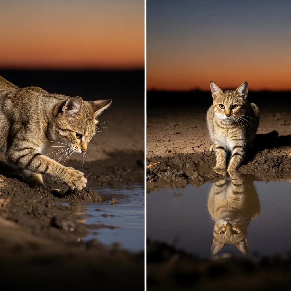 Feline instincts: Wildcat digging for water vs domestic cat scratching floor before drinking