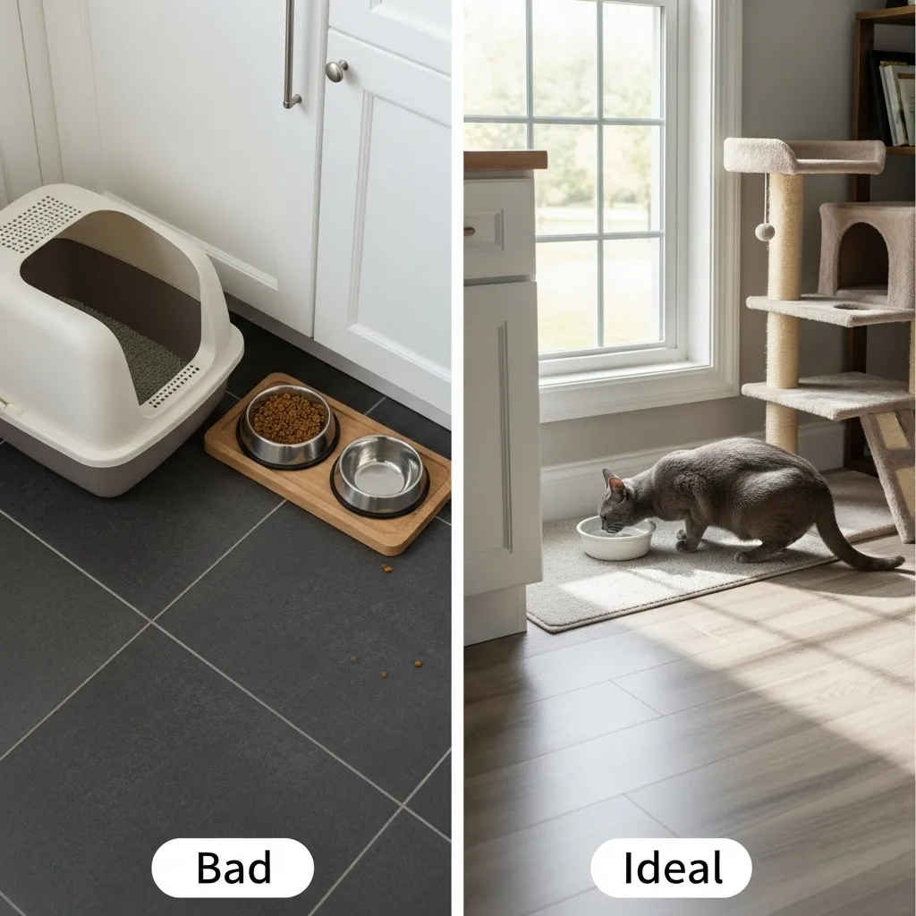 Water bowl placement for cats: Avoid litter/food zones, choose quiet multi-escape spots